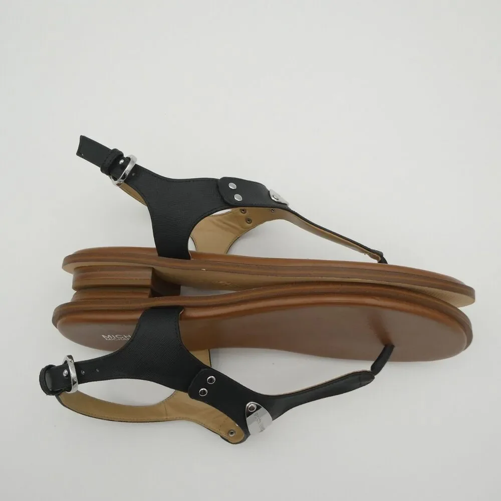 Michael Kors MK Plate Women's 9.5 Thong Black Leather Sandals Plate Logo